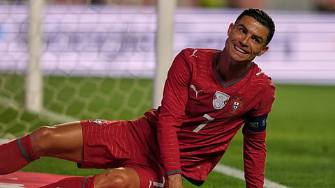 Portugal's Cristiano Ronaldo reacts during an international friendly soccer match between Portugal and Nigeria in Leiria, Portugal, Wednesday, June 10, 2026.