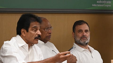 AICC President Mallikarjun Kharge, Lok Sabha LoP Rahul Gandhi, AICC Secretary KC Venugopal.