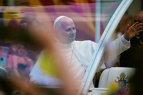 Pope Leo XIV waves as he arrives to celebrate Mass at the Basilica of the Sagrada Familia in Barcelona, Spain, Wednesday, June 10, 2026.