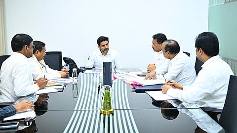 Minister for IT Nara Lokesh during review meeting on the development of Mangalagiri Sri Lakshmi Narasimha Swamy temple on Thursday.
