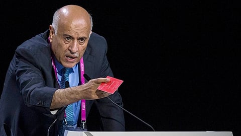 Jibril Rajoub, president of the Palestinian Football Association speaks during the 65th FIFA Congress held at the Hallenstadion in Zurich, Switzerland, Friday, May 29, 2015.