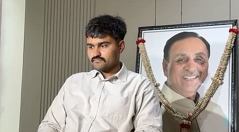 Former Gujarat Chief Minister Vijay Rupani's son Rishabh Rupani, during the first anniversary of the Ahmedabad plane crash.