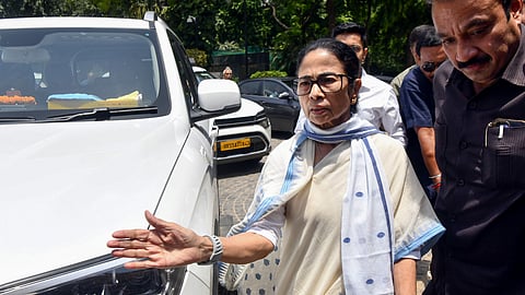 In this photo from June 8, 2026, TMC chief Mamata Banerjee arrives for the INDIA bloc meeting at the Constitution Club of India in New Delhi.