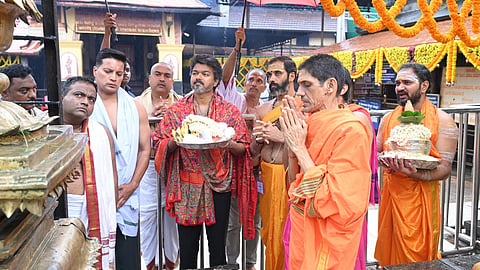 TN CM C Joseph Vijay offers special prayers at Kollur Mookambika temple in Udupi.