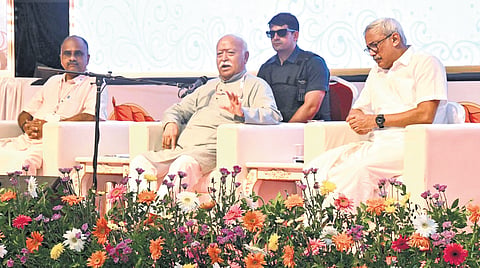 RSS chief Mohan Bhagwat delivering the lecture ‘100 years of Sangh journey – New Horizons’ in connection with the RSS centenary celebrations in Thiruvananthapuram on Saturday