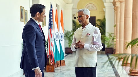 In this photo from May 24, 2026, US Secretary of State Marco Rubio speaks with External Affairs Minister S Jaishankar at Hyderabad House in New Delhi.