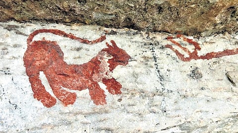 On Saturday, the ASI- Epigraphy wing team identified these rock paintings, geometrical patterns in caves beside Rever Krishna near Alatam village which belongs to the Megalithic and early historic period, dated 1500 BCE.