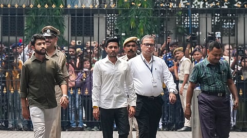 TMC leader Abhishek Banerjee reaches the CID headquarters for a second round of questioning in connection with the alleged forgery of the signatures of MLAs for the appointment of the leader of opposition in the West Bengal Assembly, in Kolkata, Sunday, June 14, 2026.