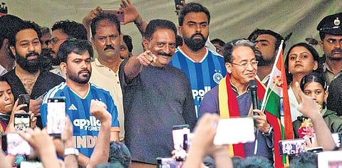 CJP founder Abhijeet Dipke (left) with actor Prakash Raj and activist Sonam Wangchuk at Freedom Park in Bengaluru on Sunday