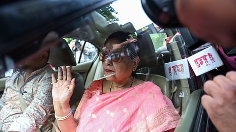 TMC MP Kakoli Ghosh Dastidar arrives at Union Minister Bhupendra Yadav's residence in New Delhi on Sunday.