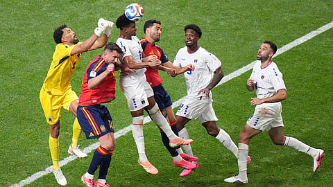 Cape Verde's Kevin Pina (6) heads the ball against Spain's Aymeric Laporte (14) during the World Cup Group H soccer match between Spain and Cape Verde in Atlanta, Monday, June 15, 2026.