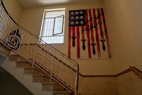 An anti-American poster is seen at the former U.S. Embassy, which has been turned into an anti-American museum in Tehran, Iran, Friday, June 12, 2026