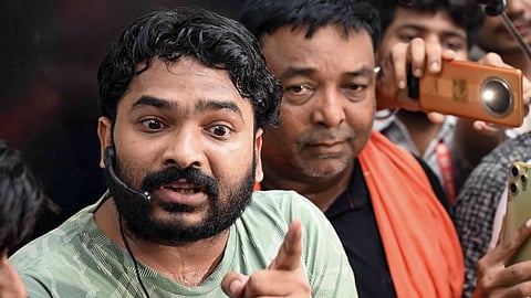 Roshan Anand, director of Gyan Bindu Academy, speaks to the media after he was granted bail in a case related to the vandalism and pelting of stones at a coaching institute of educator Faisal Khan, popularly known as 'Khan Sir', in Patna, Monday, June 15, 2026