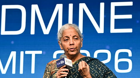 Union Minister Nirmala Sitharaman speaks during the Mindmine Summit 2026, in New Delhi on Monday.