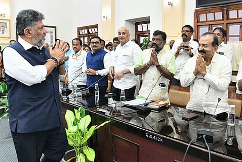 CM DK Shivakumar with Minister KH Muniyappa, MLAs, MLCs, and others during the meeting on Kempegowda Jayanti celebration, at Conference Hall, Vidhana Soudha, in Bengaluru on Tuesday