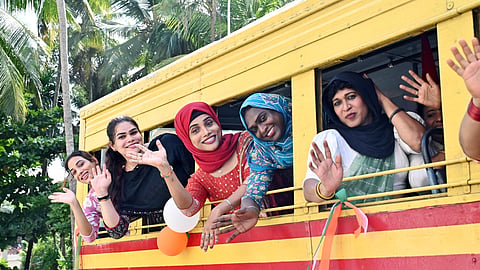 A group of transgender women on board a KSRTC bus in Mavoor, Kozhikode, on Monday. They expressed happiness at the government extending the free travel scheme to the community