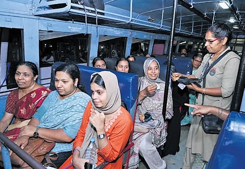Women travel on a ‘Priyadarshini’ bus from Kozhikode KSRTC depot to Kuttiady on Tuesday.