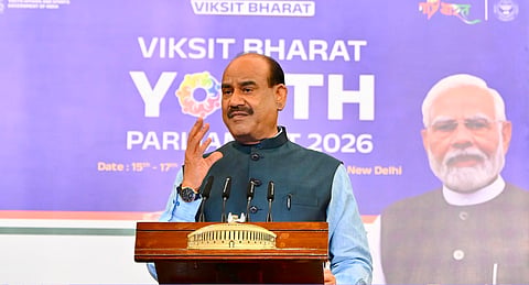 Lok Sabha Speaker Om Birla speaking at the inaugural event of the Viksit Bharat Youth Parliament 2026.