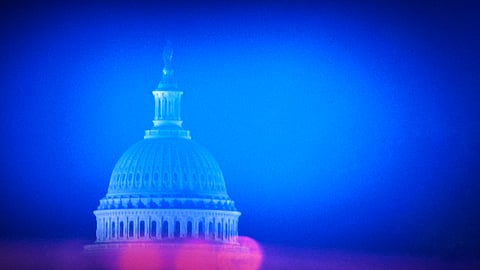 The U.S. Capitol is visible as the motorcade with President Donald Trump heads from the White House to Joint Base Andrews, Md., Monday, June 15, 2026.