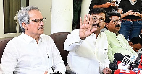 Shiv Sena (UBT) MPs Anil Desai, Sanjay Raut and Arvind Sawant addressing a press meet in New Delhi on Wednesday | Parveen Negi