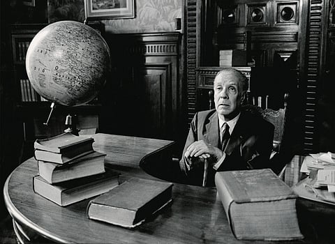 Argentine author & poet Jorge Luis Borges in his office at the Biblioteca Nacional office (at Calle Mexico 564), Buenos Aires in 1971