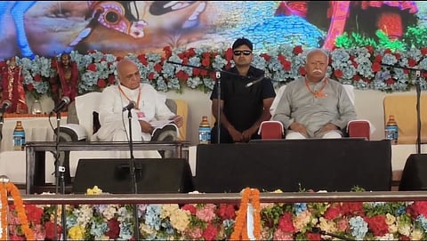RSS chief Mohan Bhagwat at a gathering at Maharana Bhupal Stadium in Udaipur during an event marking the 450th anniversary of the Battle of Haldighati.