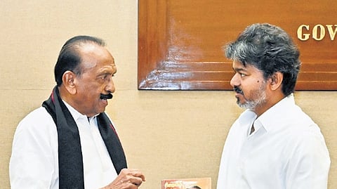 Chief Minister C Joseph Vijay with MDMK chief Vaiko on Wednesday.