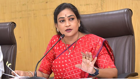 Home minister Vangalapudi Anita addressing the media at Secretariat in Velagapudi on Tuesday.