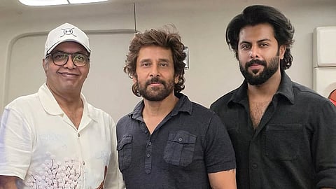Shammy Thilakan (L), Vikram (M), Abhimanyu in Chiyaan 63 announcement