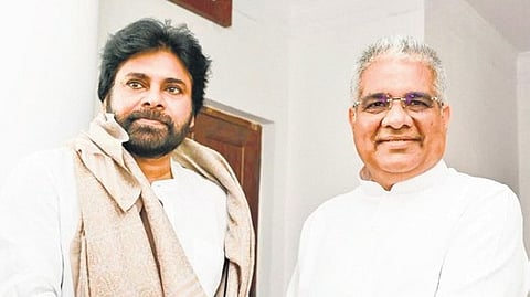 Deputy CM Pawan Kalyan meets Union Forest Minister Bhupender Yadav in New Delhi on Tuesday.