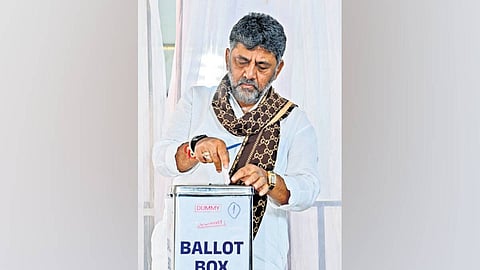CM DK Shivakumar takes part in a mock voting session ahead of the Legislative Council elections in Bidadi on Wednesday