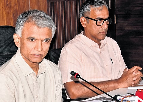 Bengaluru Development Minister Krishna Byregowda and GBA Chief Commissioner Maheshwar Rao address a press conference in Bengaluru on Thursday