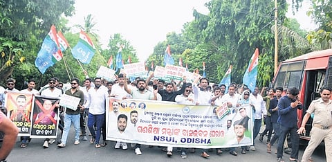 National Students’ Union of India (NSUI) on Thursday staged dharna