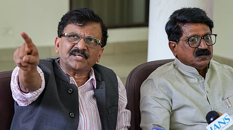 Shiv Sena (UBT) MPs Sanjay Raut, left, and Arvind Sawant during a press conference, in New Delhi, Thursday, June 18, 2026.