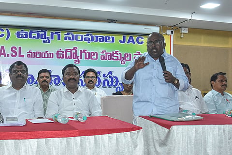 APPTD Workers Union JAC members during a strike preparedness meeting in Vijayawada on Wednesday.