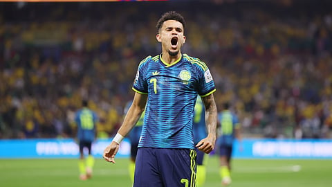 Colombia's Luis Diaz (7) celebrates after scoring their second goal during the World Cup Group K soccer match between Uzbekistan and Colombia in Mexico City, Wednesday, June 17, 2026.