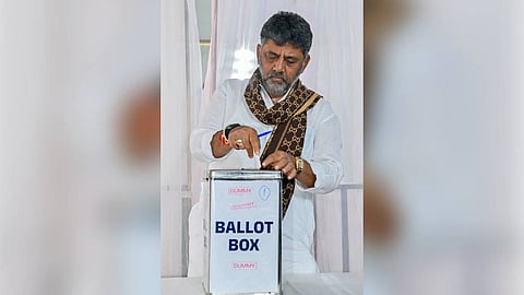Karnataka CM DK Shivakumar takes part in a mock voting session ahead of the Legislative Council elections, in Bidadi, Karnataka, Wednesday, June 17, 2026.