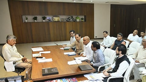CM Chandrababu Naidu holds a review meeting with officials at the AP Secretariat in Velagapudi on Wednesday.