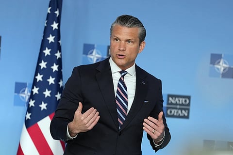 United States Defense Secretary Pete Hegseth speaks during a press statement on arrival for a meeting of NATO defense ministers at NATO headquarters in Brussels, Thursday, June 18, 2026.