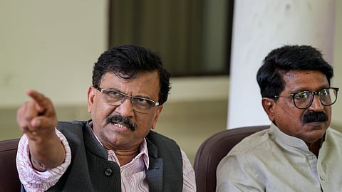 Shiv Sena (UBT) MPs Sanjay Raut, left, and Arvind Sawant during a press conference, in New Delhi, Thursday, June 18, 2026.
