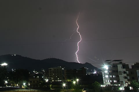 Lightning strike after sudden change of weather in Vijayawada on Wednesday.