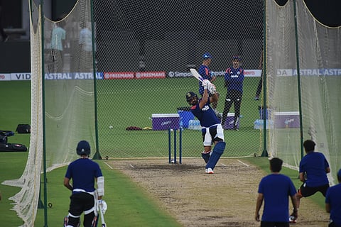 Rohit Sharma hits a shot in nets on Friday
