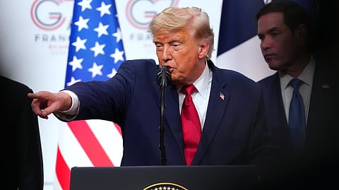 US President Donald Trump takes questions during a media conference at the end of the G7 summit in Evian-les-Bains, France, Wednesday, June 17, 2026.
