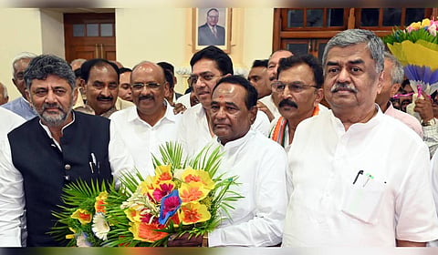 Chief Minister D K Shivakumar with newly elected MLCs BK Hariprasad, Malavalli Shivanna, PV Mohan, Vinay Karthik and Thippannappa Kamakanur at Vidhana Soudha in Bengaluru on Thursday | Nagaraja Gadekal.