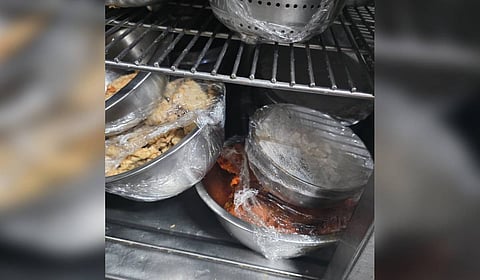 Stale meat items stored in a fridge at Nawaabs Restaurant in Anjaiah Nagar.
