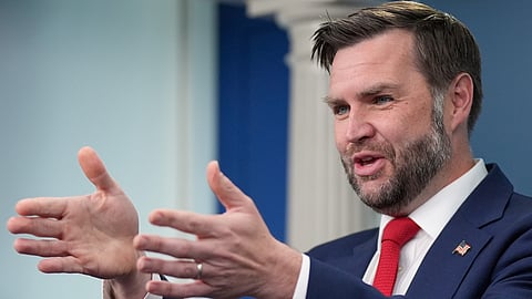 Vice President JD Vance speaks to reporters in the James S. Brady Press Briefing Room at the White House, Thursday, June 18, 2026, in Washington.