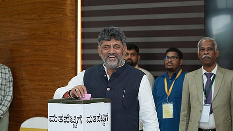 Chief Minister DK Shivakumar casts his vote in the Council polls in Vidhana Soudha on Thursday