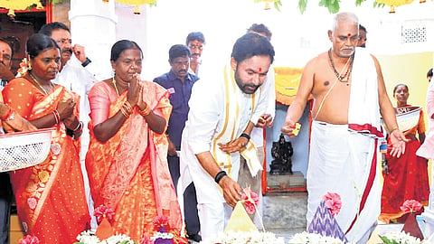 Union Minister G Kishan Reddy performs a special puja during Brahmotsavalu at the Sri Sita Rama temple in Thimmapur village on Friday