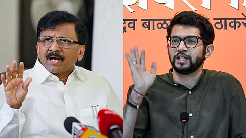 (L-R) Shiv Sena (UBT) leaders Sanjay Raut and Aditya Thackeray.