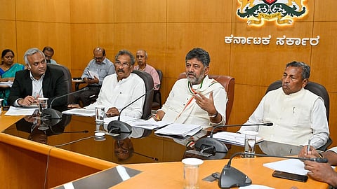 A review meeting on the implementation of guarantee schemes was held on Friday in the committee room of the Vidhana Soudha under the chairmanship of Chief Minister DK Shivakumar.
